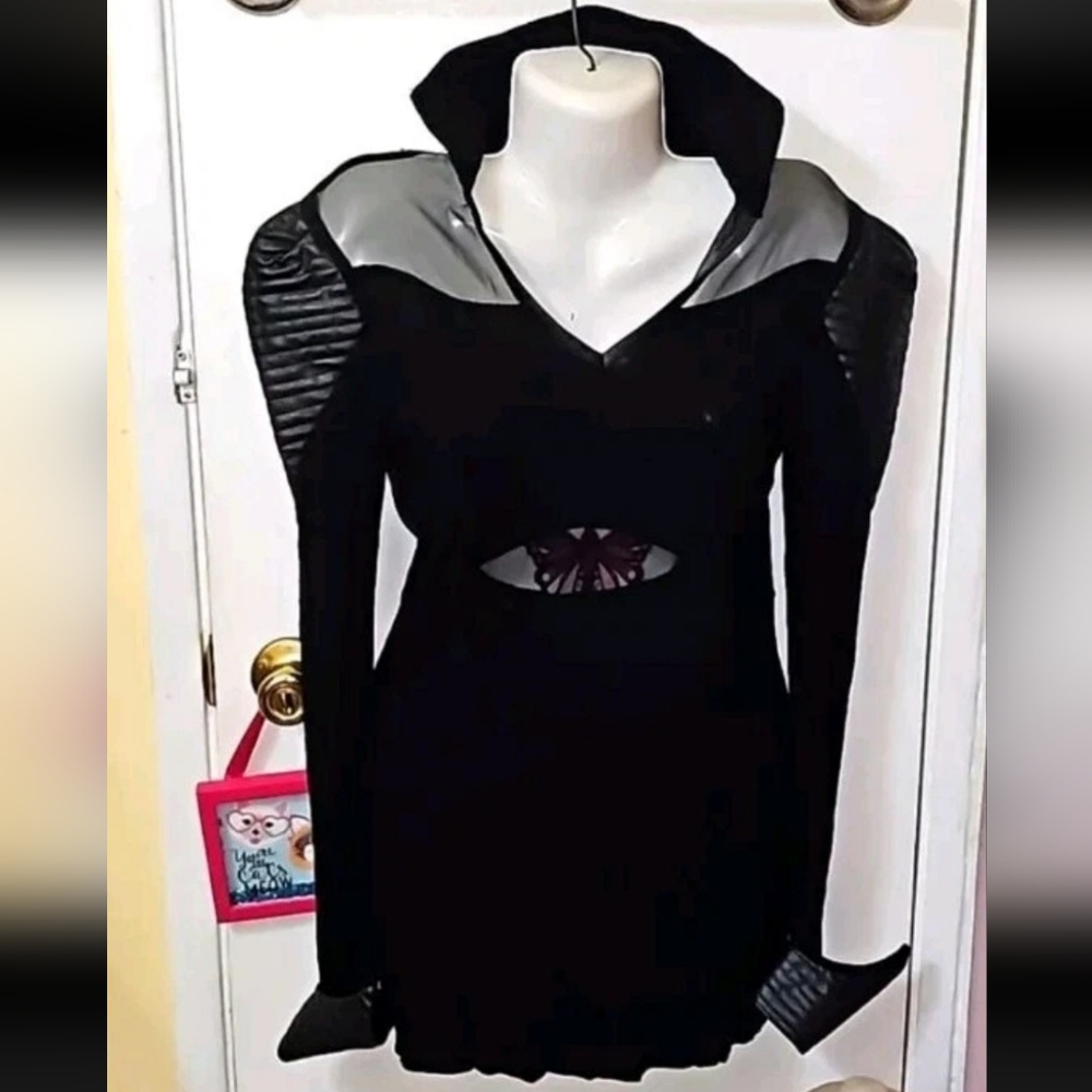 Kayo Stylish Black Women's Top Mesh Cutouts Long Sleeve Collar  B16